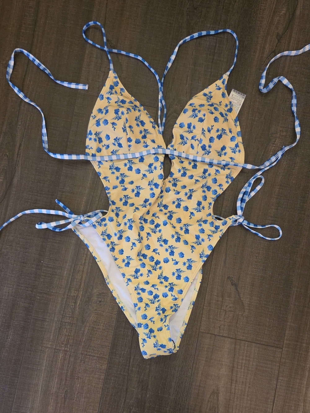 Yellow Floral Monokini One-Piece Swimsuit with Blue Trim and Gingham Straps